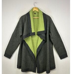 Lagenlook AVA Women Large Grey Green 100% Wool Open‎ Front Shawl Collar Cardigan